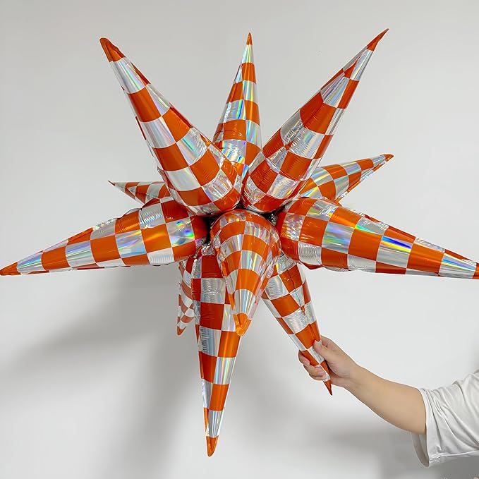 2*12Pcs Orange Silver Holographic Explosion Pointed Star Foil Balloons/The Life of A Showgirl Party/Orang Foil Balloon for Tay*lor Sunset Coastal Birthday, Glam Showgirl Era Party (2Pcs Orange Laser)