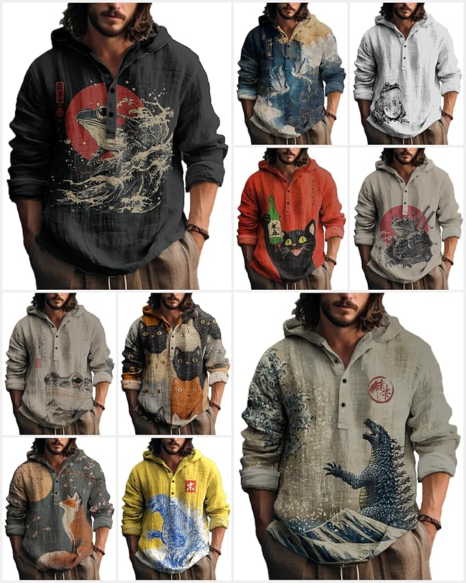 MARSVOVO Mens Japanese Art Long Sleeve Hooded Shirts Lightweight Quarter Button Hoodie Casual Cool Tops for Spring Fall