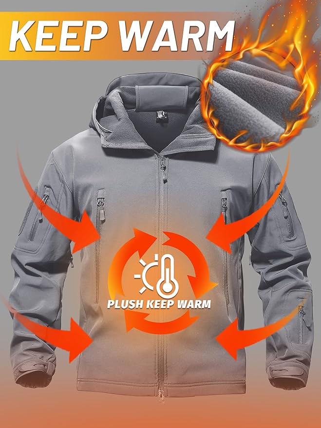 TACVASEN Men's Special Ops Military Tactical Soft Shell Winter Warm Fleece Lined Jacket Rain Hood Coat Hiking Snowboard