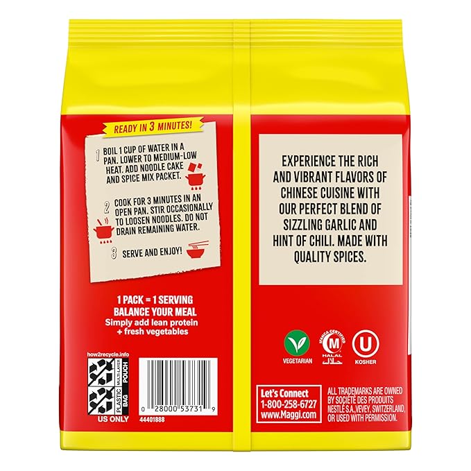 Maggi Chinese Spicy Garlic Noodles, Instant Ramen Noodles, 3 min, Vegetarian, Halal, Kosher, 4-Pack