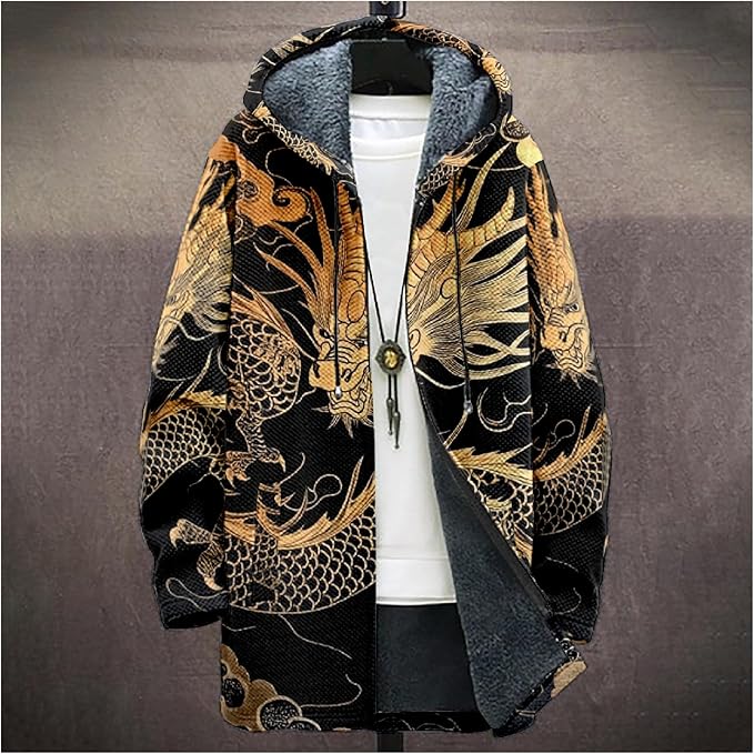 Mens Hooded Cardigan Japanese Art Zip Up Long Sleeve Sweater Hoodie Dragon Print Coat with Pockets