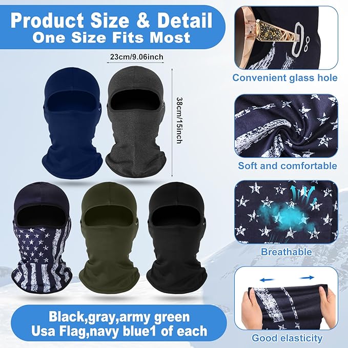 Suhine 5 Pcs Winter Balaclava Ski Mask Windproof Thermal Full Face Mask Cold Weather Balaclava with Reflective Stripe