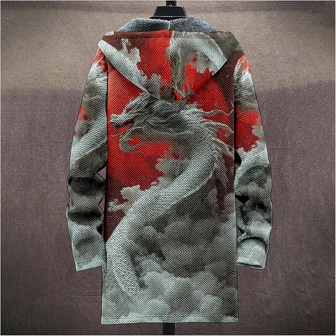 Mens Hooded Cardigan Japanese Art Zip Up Long Sleeve Sweater Hoodie Dragon Print Coat with Pockets