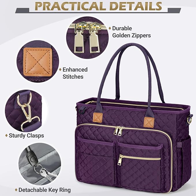 RAINSMORE Teacher Tote Bag 17.3 inch Laptop Bag for Women Work Bags Laptop Tote Nurse Bag Professional Computer Messenger with Insulated Pocket, Laptop Briefcase for Office, College, Dark Purple