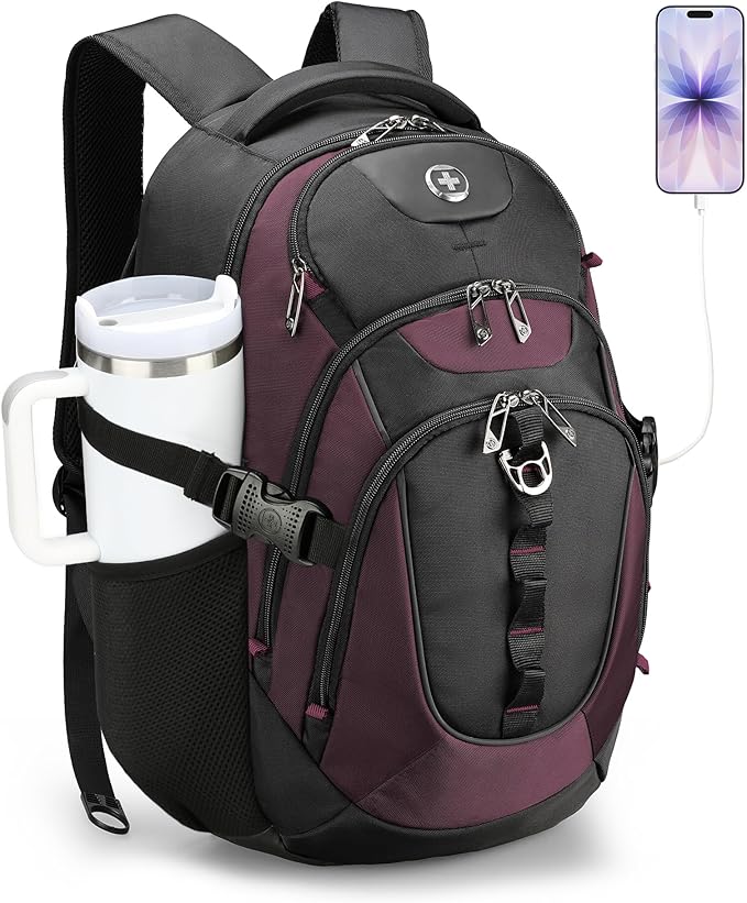Swissdigital Design Laptop Backpack with USB Charging Port, Travel Backpack Fits 15.6 inches Computer, 31L College School Backpack for Women, Angola red/Black | SD803-44