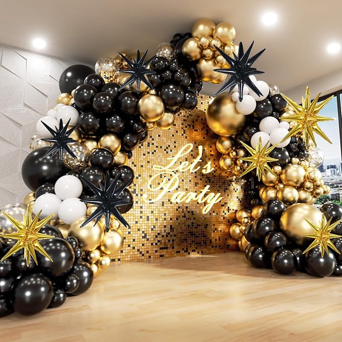 TONIFUL 8 Pcs Black Gold Star Foil Balloons Large Explosion Star Mylar Decorations for Party Backdrop Christmas New Year Birthday Wedding Baby Shower Anniversary Photo Booth Supplies