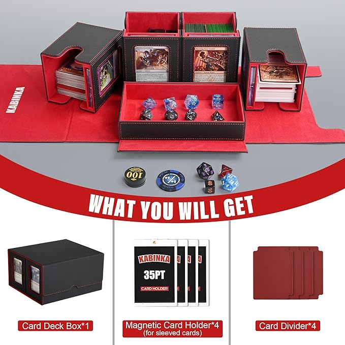 Kabinka Commander Deck Box for MTG Fits 400+ Double-Sleeved Card Storage, 5 IN 1 Removable Card Case with Dice Tray, Display Window for TCG/PTCG/EDH, 4 Magnetic One Touch Holders (Black Red)