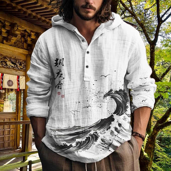 MARSVOVO Hooded Long Sleeve Shirt Men Fashion Graphic Button Up Lightweight Big and Tall Casual Vacation Shirts for Men