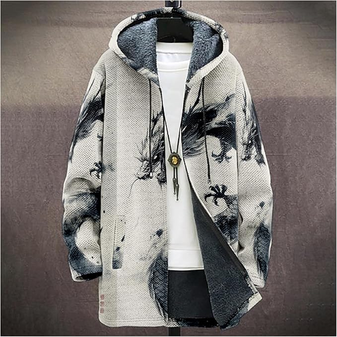 Mens Hooded Cardigan Japanese Art Zip Up Long Sleeve Sweater Hoodie Dragon Print Coat with Pockets