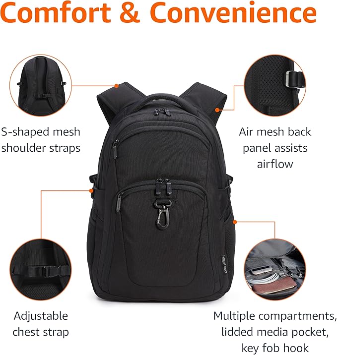 Amazon Basics Travel Laptop Backpack for 15.6 inch Laptop, Black | for 15.6 inch Laptop