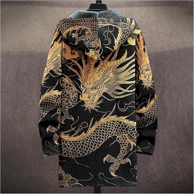 Mens Hooded Cardigan Japanese Art Zip Up Long Sleeve Sweater Hoodie Dragon Print Coat with Pockets