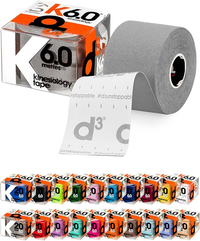 d3 K6.0 Kinesiology Tape - 2in x 20ft Silver (1 Roll) Latex-Free Hypoallergenic Joint Muscle Sports Medical Injury Support