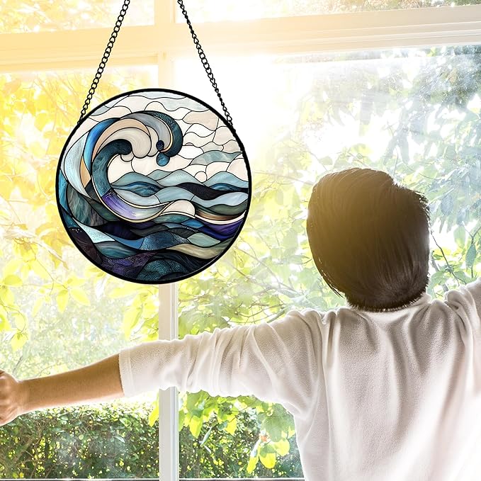 Stained Glass Window Hanging, Ocean Waves Sun Catchers Diamond Glass Panel Hangings Abstract Suncatcher Decor for Birthday for Women, Men, Wife, Aunt, and Mom 9.8 in