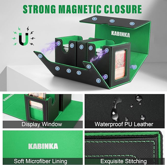 Kabinka Deck Box for MTG with Commander Display, 3 in 1 Trading Card Storage Box Fit 200 Double-sleeved Cards, Removable Deck Case for TCG/Sports Cards with 2 Magnetic Card Holders (Black Green)