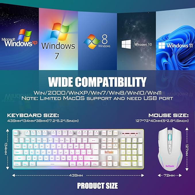 RedThunder K10 Wireless Gaming Keyboard and Mouse Combo, LED Backlit Rechargeable 3800mAh Battery, Mechanical Feel Anti-ghosting Keyboard + 7D 3200DPI Mice for PC Gamer (White)