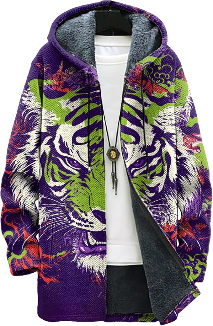 MARSVOVO Long Hooded Cardigan Men Japanese Art Style Fashion Cool Graphic Streetwear Winter Warm Lined Fleece Jacket