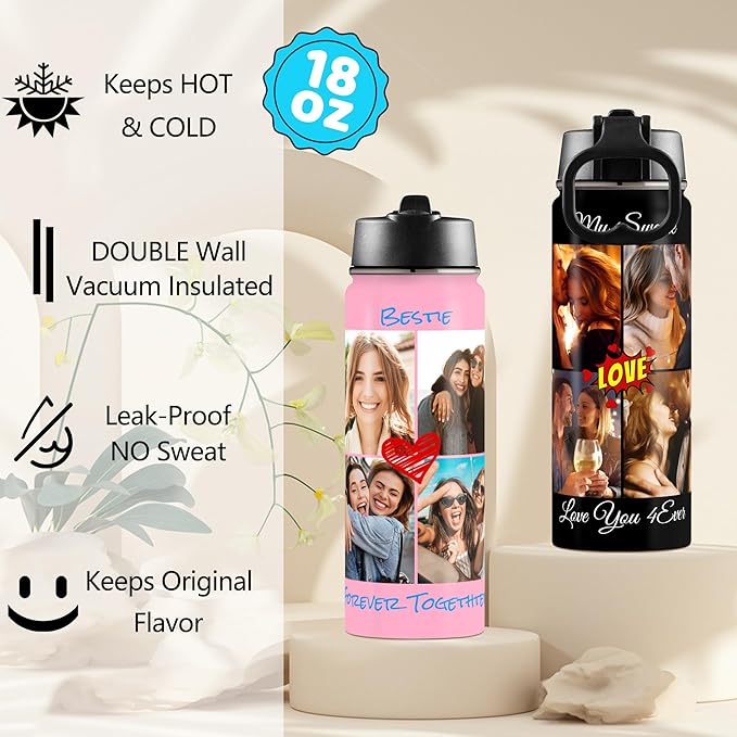 Personalized 4 Photos Water Bottles with Icon, 18oz/32oz Custom Text Stainless Steel Insulated Sport Water Bottle with Straw Lid & Handle, Customized Cup Gifts for Birthday Anniversary Christmas