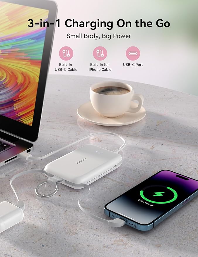 RORRY Portable Charger, 10000mAh PD 30W Fast Charging Portable Charger Power Bank with Built-in Cables, Travel Keychain Charger Battery Pack for iPhone 17/16/15/14/13/12, for AirPods 2/3/4/Pro, Blue