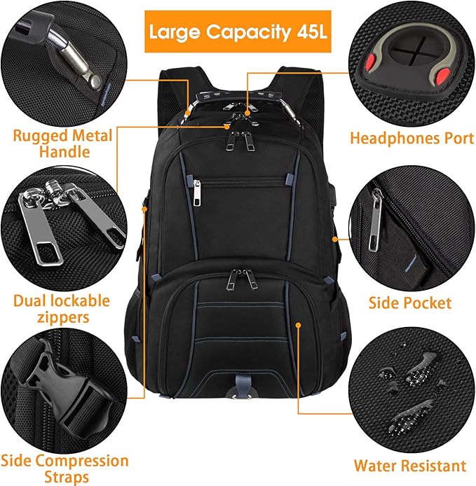 LTINVECK Extra Large 50L Travel Laptop Backpack, Blue, Unisex, Backpack with USB Charging Port, TSA Friendly, Durable, Heavy Duty, 17 Inch Laptop