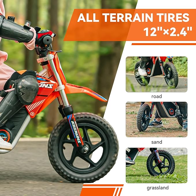 36V Racing Electric Dirt Bike for Kids, Peak 400W Powerful Motorcycle for Ages 3-6, Dual Shock Absorption, 3 Speed Modes with Safe Disc Brake, 12" Tires, Orange