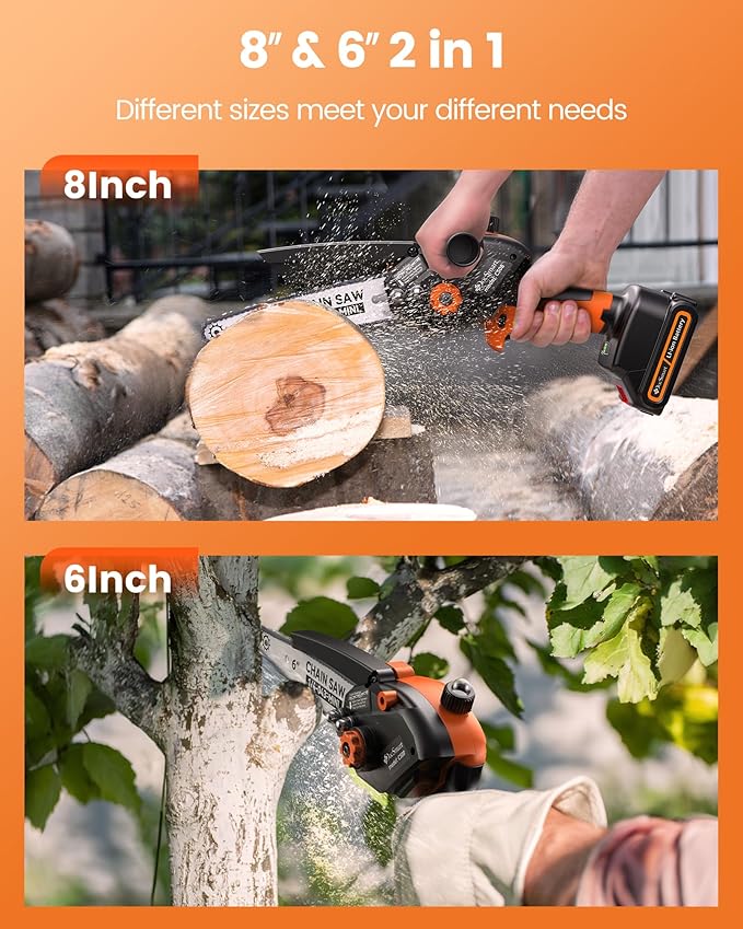 Mini Chainsaw Cordless, 8 inch & 6 inch Electric Chain Saw with 2 Pack Rechargeable Batteries, Battery Powered Handheld Saw Gardening Tools for Trees Branches Trimming Wood Cutting, Orange