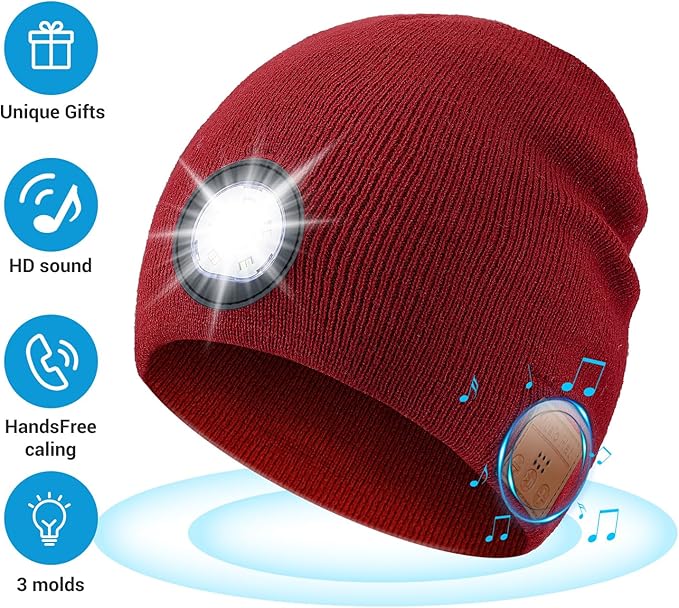 Bluetooth Beanie with Light, HD Stereo Sound, USB Rechargeable Headlamp for Hiking Fishing, Gift for Men Women Teen