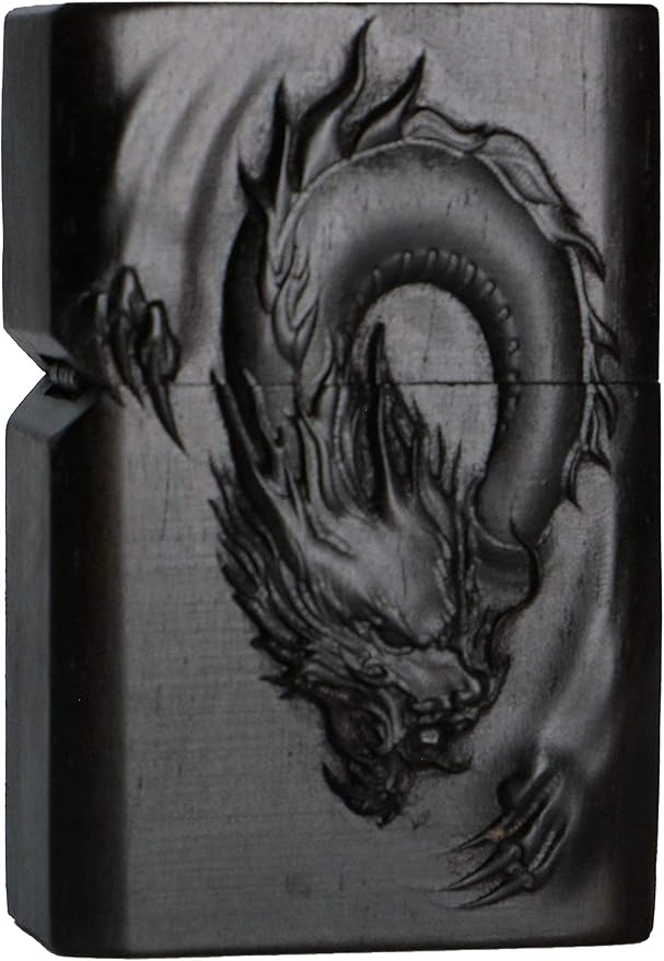Natural Ebony Black Wood Carved Lighter Shell Box for Zippo Module (Dragon 1#)