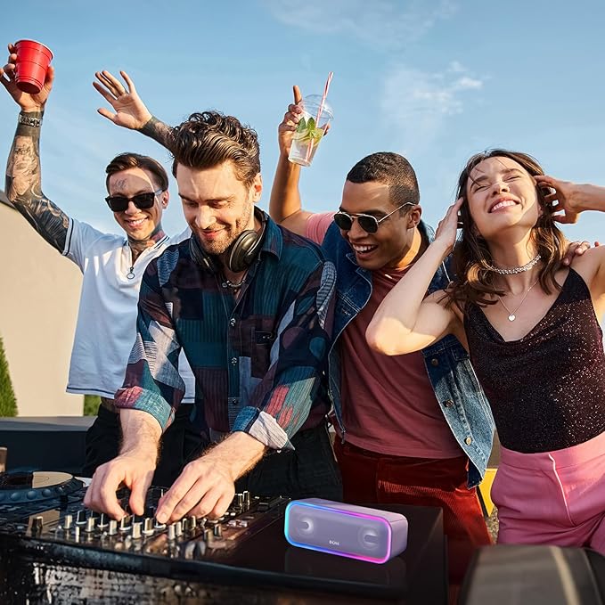 DOSS SoundBox Pro+ Bluetooth Speaker, Immersive 24W Stereo Sound with Booming Bass, IPX6 Waterproof, 15H Playtime, Mixed Colors Lights, Wireless for Backyard, Hiking, Garage, Party-Purple