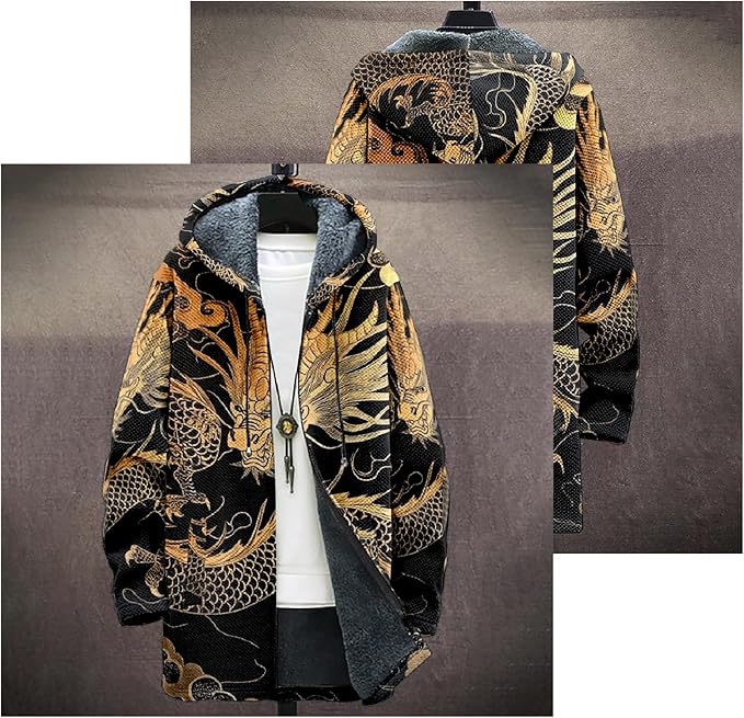 Mens Hooded Cardigan Japanese Art Zip Up Long Sleeve Sweater Hoodie Dragon Print Coat with Pockets