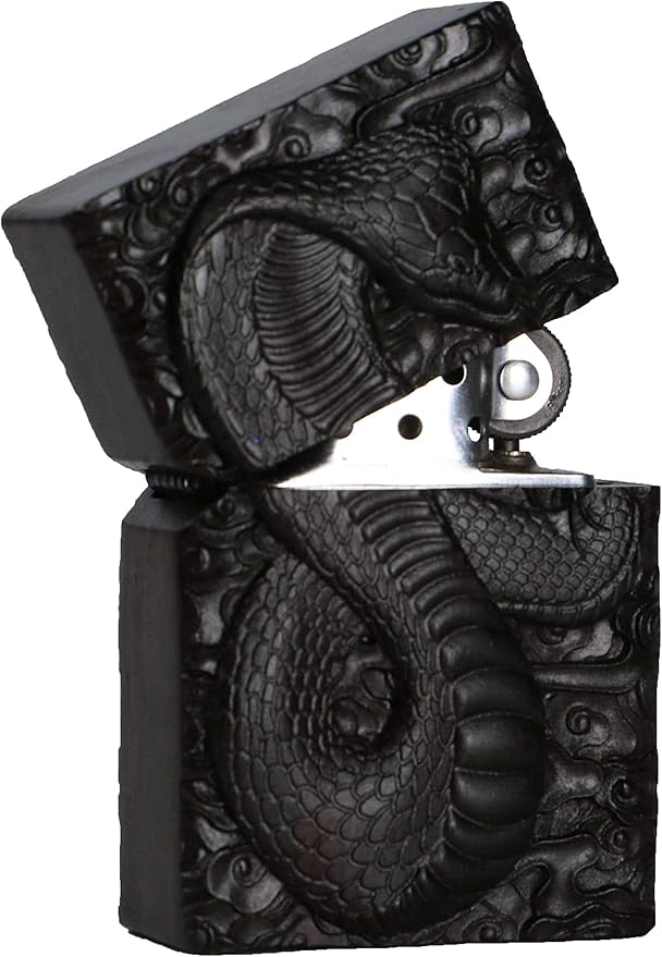 Natural Ebony Black Wood Carved Lighter Shell Box For Zippo Module (Cobra Snake)