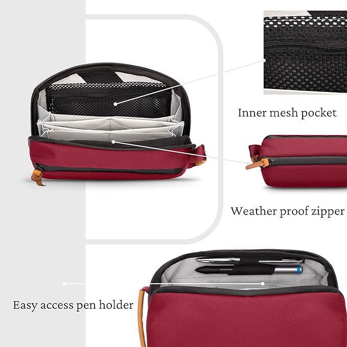 Tech Bag Organizer - Small Electronics Organizer Pouch for Travel - Premium Travel Case with Leather Accents - Mesh Pocket for Cables, Cords and Chargers (Red)