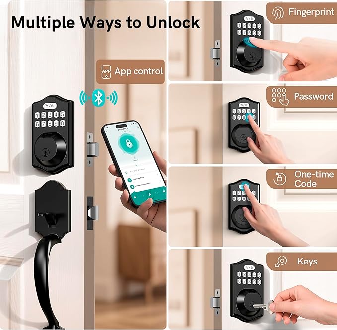 APP Fingerprint Door Lock Set, Keyless Entry Door Lock, Front Handle Set, Electronic Keypad Deadbolt with 2 Keys, Auto-Locking, One-time Codes, Easy to Install (Black, APP Control)