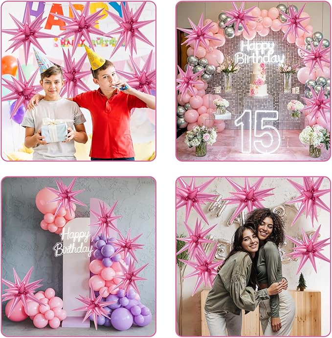 6PCS Star Balloons, 22Inch Large Pink Star Balloon Explosion Foil Balloons Cone Spike Balloon for Birthday Graduation Wedding Anniversary Party Backdrops Decorations
