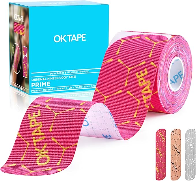 OK TAPE Synthetic Kinesiology Tape Precut Strips, Waterproof Kinesiology Athletic Tape for Muscle Support and Recovery, Reduce Muscle Discomfort Tape, Durable, 2in×16.4ft Roll 20PCS | Pink
