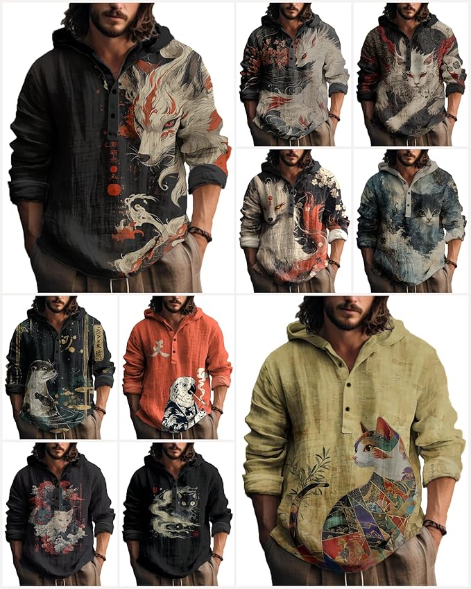 MARSVOVO Japanese Art Animal Hooded Shirt for Men Long Sleeve Quarter Button Lightweight Hoodie Cool Streetwear Tops
