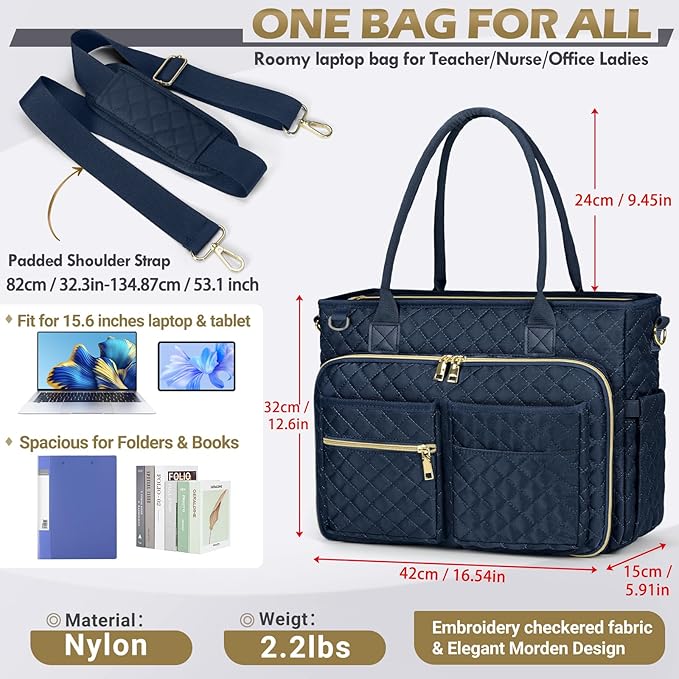 RAINSMORE Teacher Tote Bag 15.6 inch Laptop Bag for Women Work Bags Laptop Tote Nurse Bag Professional Computer Messenger with Insulated Pocket, Laptop Briefcase for Office, College, Dark Blue