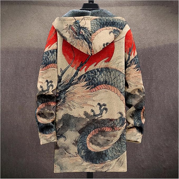 Mens Hooded Cardigan Japanese Art Zip Up Long Sleeve Sweater Hoodie Dragon Print Coat with Pockets