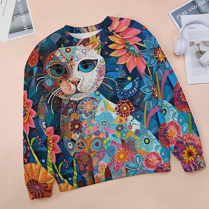 Sweatshirt for Women Cat Print Fashion Funny Plus Size Ladies Dressy Crewneck Casual Trendy Tee Shirts