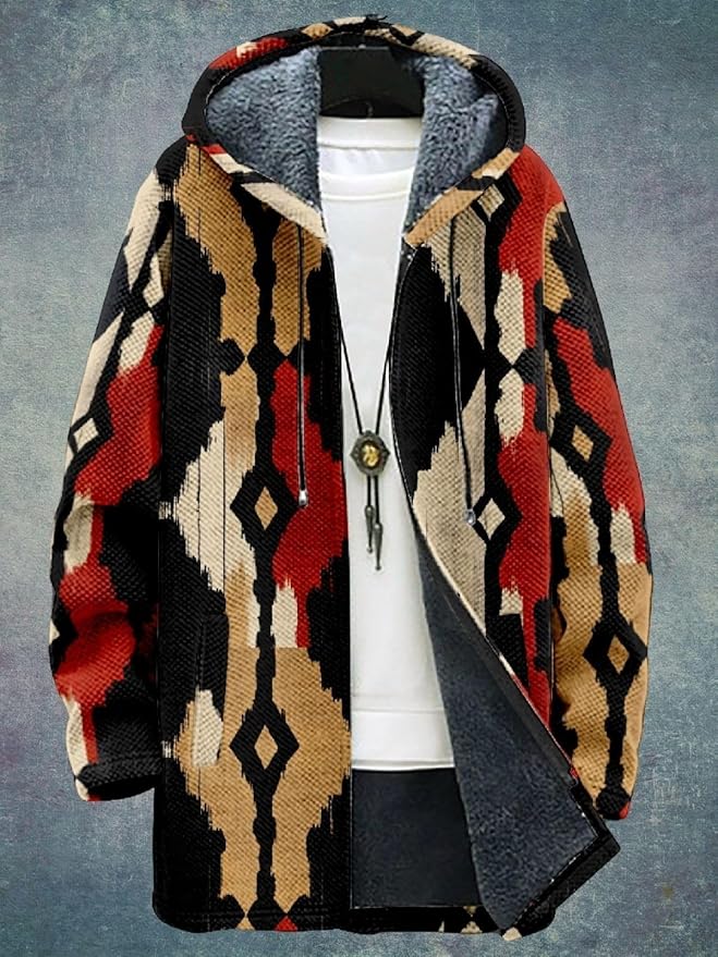 2025 Men's Ethnic Pattern Hooded Jacket Long Cardigan Hoodies Full Zip Vintage Knitted Zipper Coat with Pocket