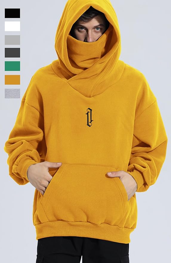 Fleece Hoodies for Men Cowl Neck Sweatshirts Hood with neck Gaiter Casual Pullover Fall Winter with Embroidery