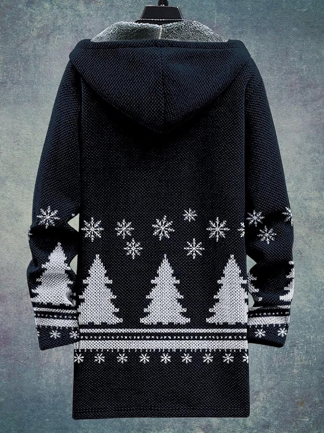2025 Men's Ethnic Pattern Hooded Jacket Long Cardigan Hoodies Full Zip Vintage Knitted Zipper Coat with Pocket