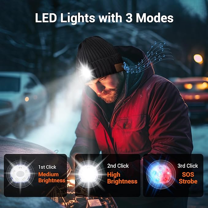 Bluetooth Beanie with Light, Rechargeable Unisex Wireless LED Music Cap, Gifts for Men Women