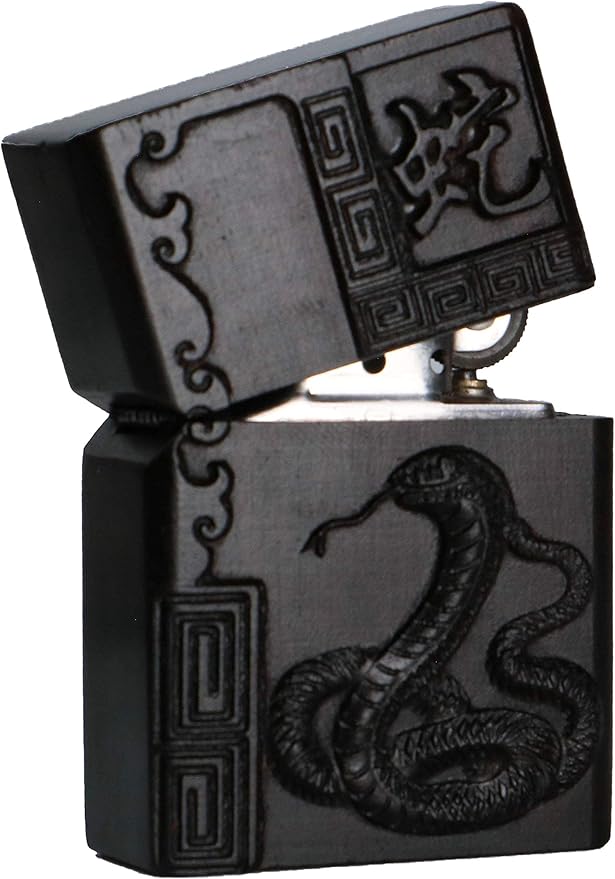 Natural Ebony Black Wood Carved Lighter Shell Box For Zippo Module (Zodiac Snake)
