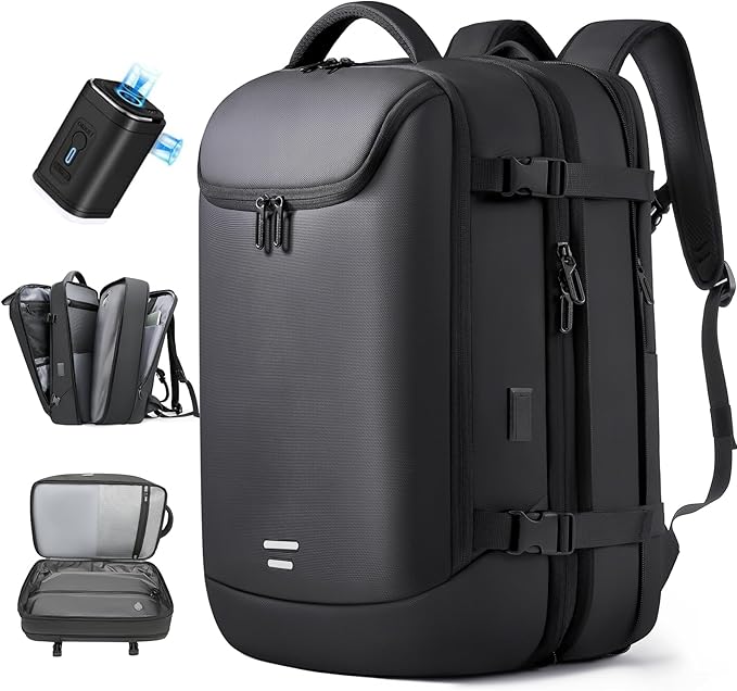 Vacuum Backpack Travel with Pump, 40L Expandable Carry on Compression Backpack Flight Approved for Women Men Fit 17 Inch Laptop with USB Charging Port Business Weekender