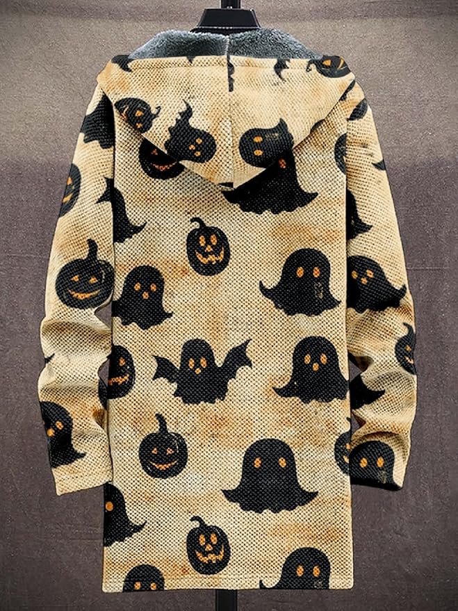 2025 Men's Ethnic Pattern Hooded Jacket Long Cardigan Hoodies Full Zip Vintage Knitted Zipper Coat with Pocket