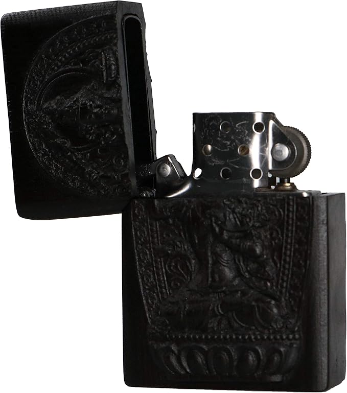 Natural Ebony Black Wood Carved Lighter Shell Box For Zippo Module (Protector Deity/Manjushri Boddhisattva)