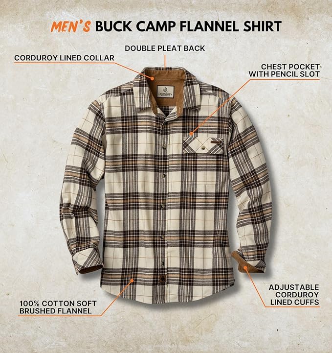 Legendary Whitetails Men's Flannel Shirt Long Sleeve Button Down 100% Cotton