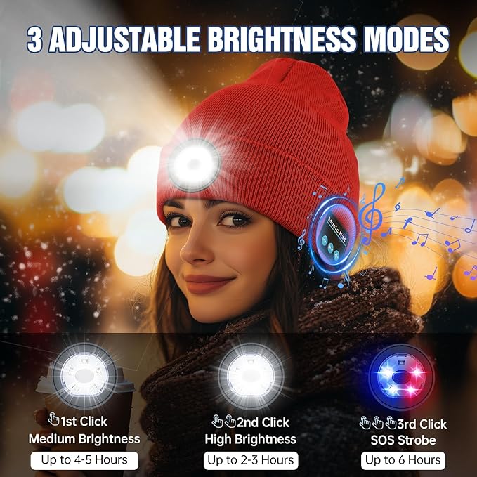 Bluetooth Beanie with Light, HD Stereo Sound, USB Rechargeable Headlamp for Hiking Fishing, Gift for Men Women Teen