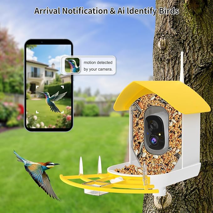 Smart Bird Feeder with Camera, Birds AI Identify, Motion Detection with Real-Time Notice, WiFi FHD Bird Camera, Auto Capture, Solar Powered Outdoor Charging Bird House, IP65 Waterproof,Yellow