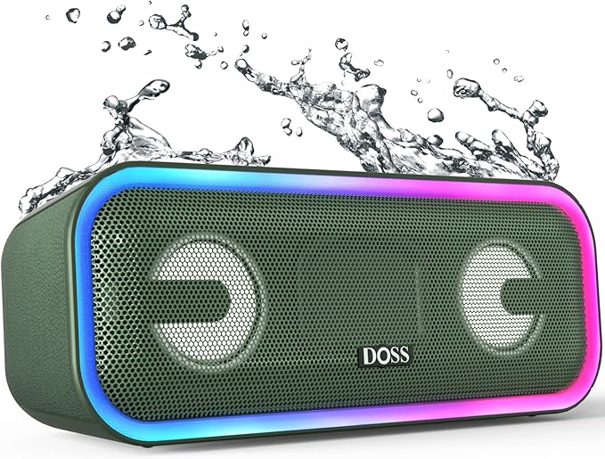 DOSS SoundBox Pro+ Bluetooth Speaker, Immersive 24W Stereo Sound with Booming Bass, IPX6 Waterproof, 15H Playtime, Mixed Colors Lights, Wireless for Backyard, Hiking, Garage, Party-Green